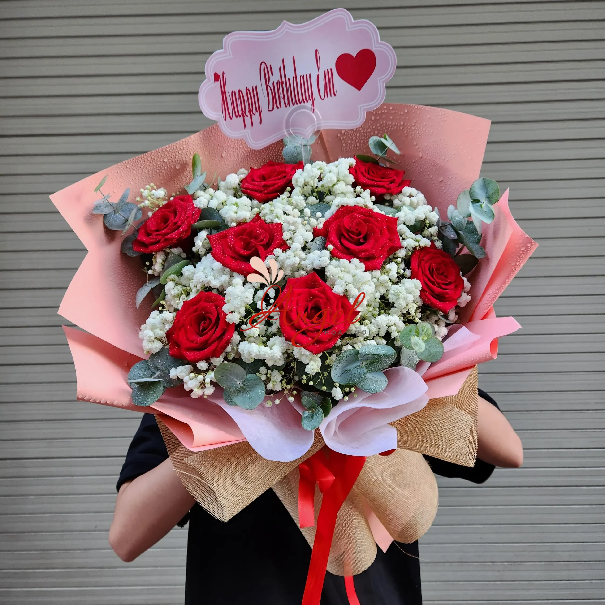 bó hoa hồng đỏ 9 bông giấy hồng 